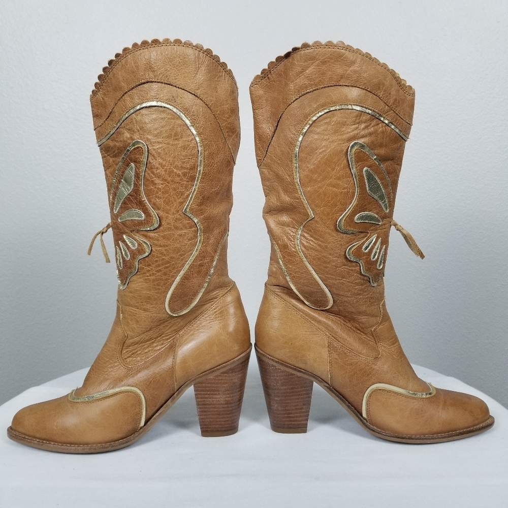 AWOL 90s Y2K Barbie Bratz Butterfly Tan Leather Western Rockabilly Boots 7.5 - Picture 6 of 12